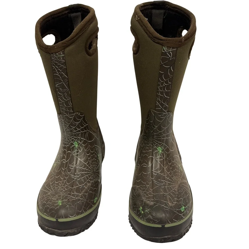 Bogs Classic High Spider Boots Kids 3 Olive Green Waterproof Insulated Rain Snow